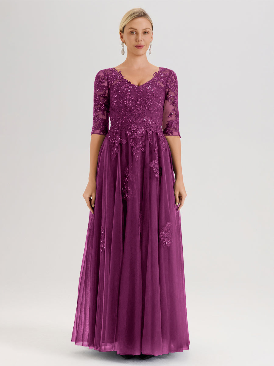 Cicinia Orchidée Robe De Mère De La Mariée Longue Ligne A En Tulle Mousseline Et Dentelle À Décolleté En V Et Manches Demi