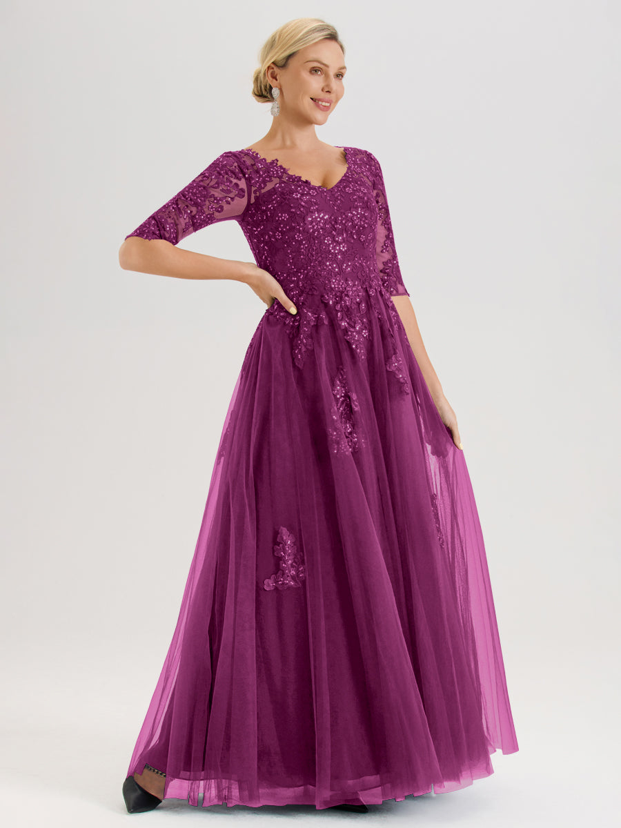 Cicinia Orchidée Robe De Mère De La Mariée Longue Ligne A En Tulle Mousseline Et Dentelle À Décolleté En V Et Manches Demi