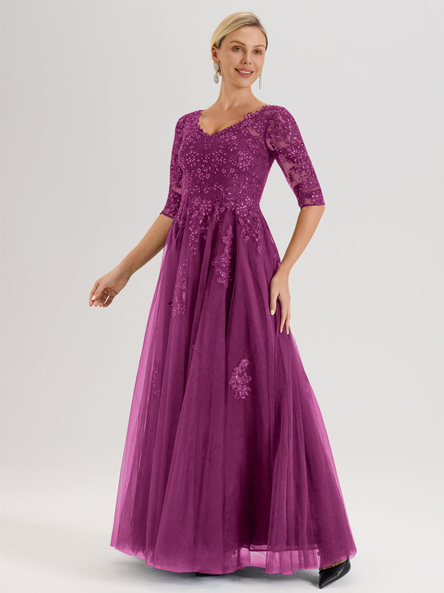 Cicinia Orchidée Robe De Mère De La Mariée Longue Ligne A En Tulle Mousseline Et Dentelle À Décolleté En V Et Manches Demi