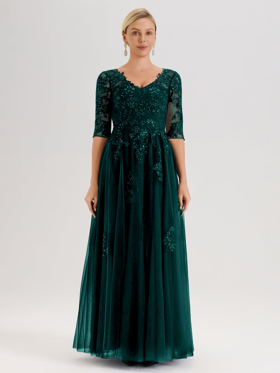 Cicinia Paon Robe De Mère De La Mariée Longue Ligne A En Tulle Mousseline Et Dentelle À Décolleté En V Et Manches Demi