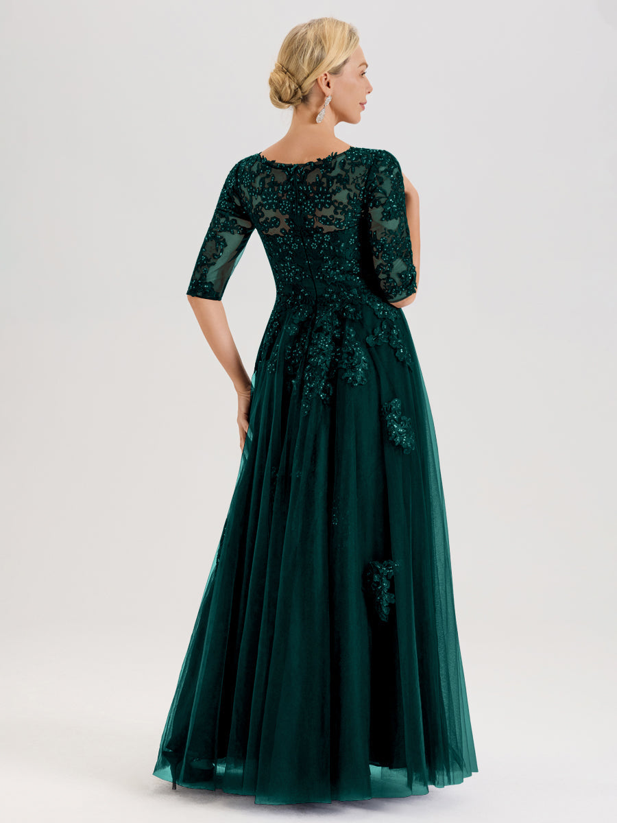 Cicinia Paon Robe De Mère De La Mariée Longue Ligne A En Tulle Mousseline Et Dentelle À Décolleté En V Et Manches Demi
