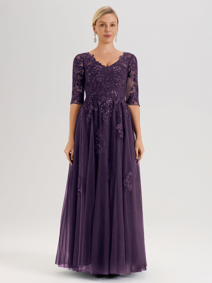 Cicinia Plum Robe De Mère De La Mariée Longue Ligne A En Tulle Mousseline Et Dentelle À Décolleté En V Et Manches Demi