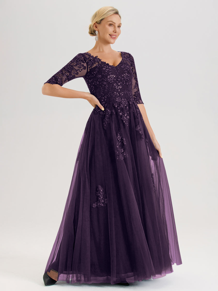 Cicinia Plum Robe De Mère De La Mariée Longue Ligne A En Tulle Mousseline Et Dentelle À Décolleté En V Et Manches Demi