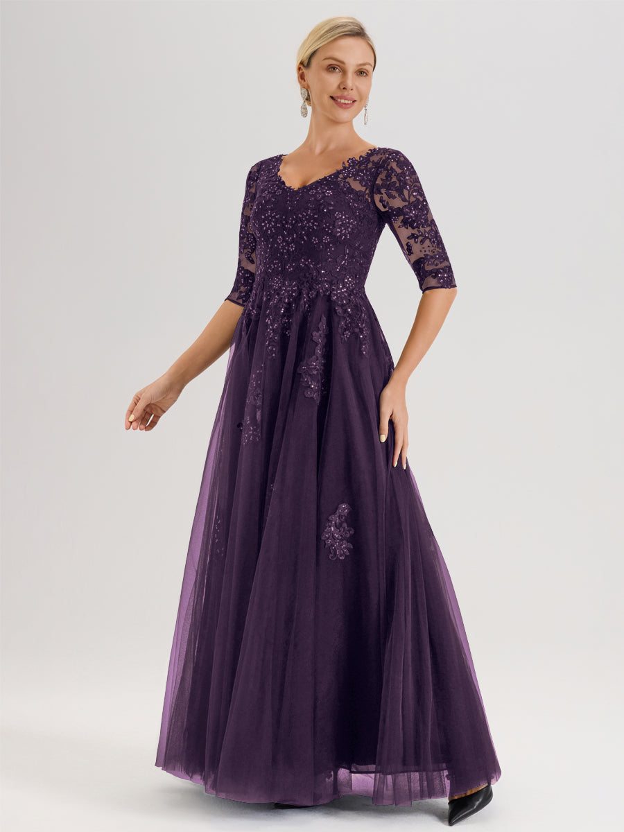 Cicinia Plum Robe De Mère De La Mariée Longue Ligne A En Tulle Mousseline Et Dentelle À Décolleté En V Et Manches Demi