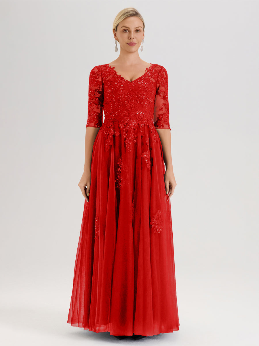 Cicinia Rouge Robe De Mère De La Mariée Longue Ligne A En Tulle Mousseline Et Dentelle À Décolleté En V Et Manches Demi
