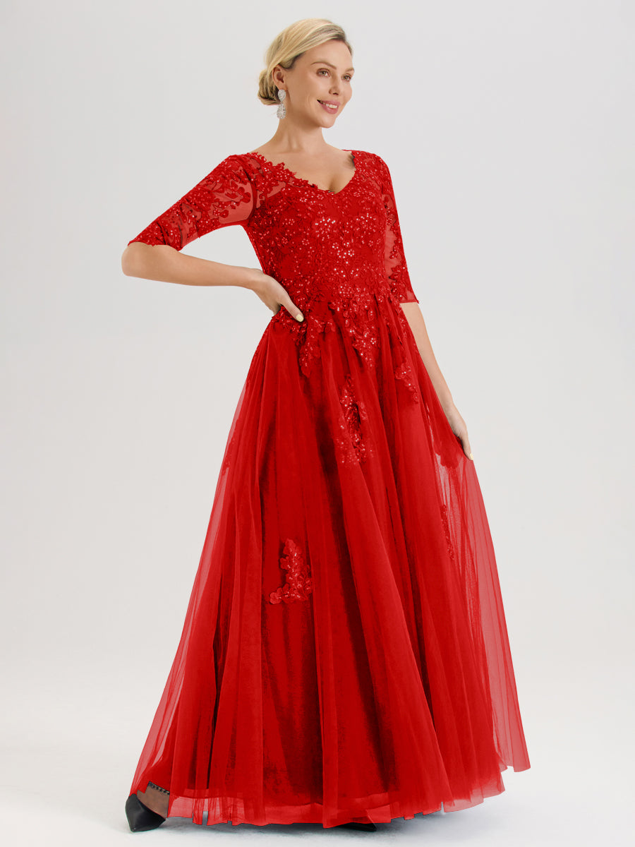 Cicinia Rouge Robe De Mère De La Mariée Longue Ligne A En Tulle Mousseline Et Dentelle À Décolleté En V Et Manches Demi