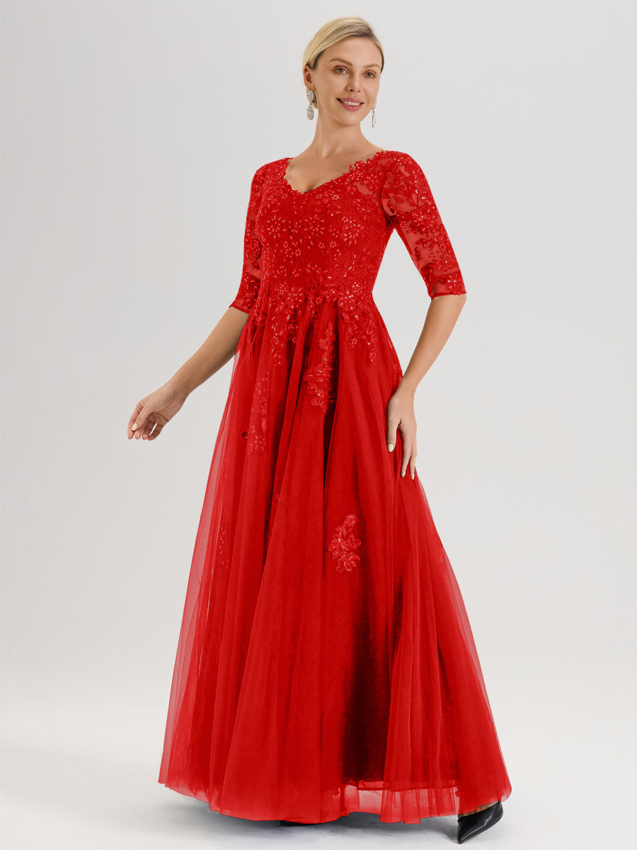 Cicinia Rouge Robe De Mère De La Mariée Longue Ligne A En Tulle Mousseline Et Dentelle À Décolleté En V Et Manches Demi