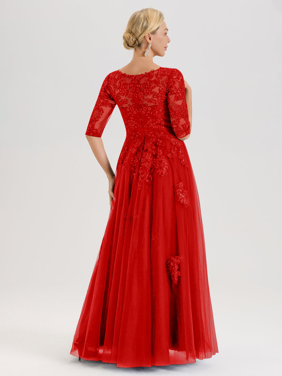 Cicinia Rouge Robe De Mère De La Mariée Longue Ligne A En Tulle Mousseline Et Dentelle À Décolleté En V Et Manches Demi