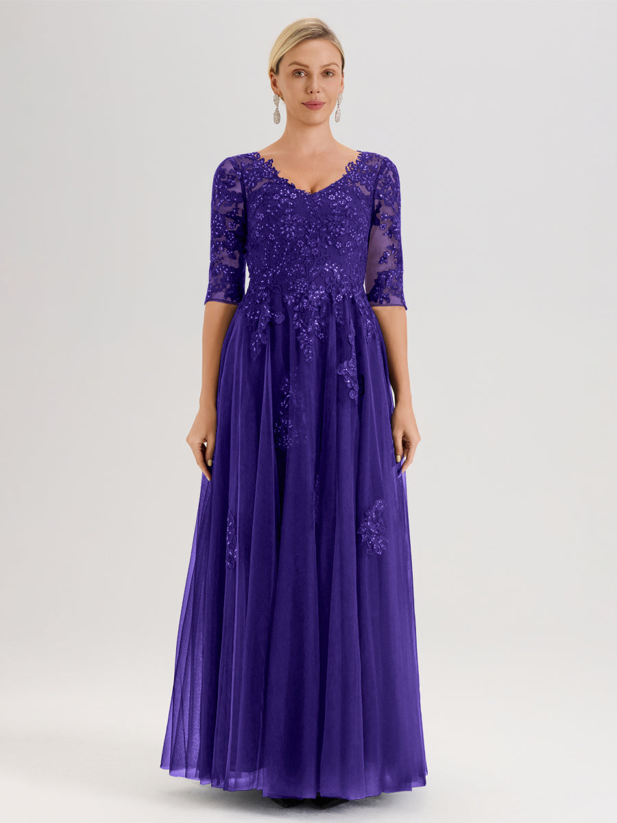 Cicinia Régence Robe De Mère De La Mariée Longue Ligne A En Tulle Mousseline Et Dentelle À Décolleté En V Et Manches Demi