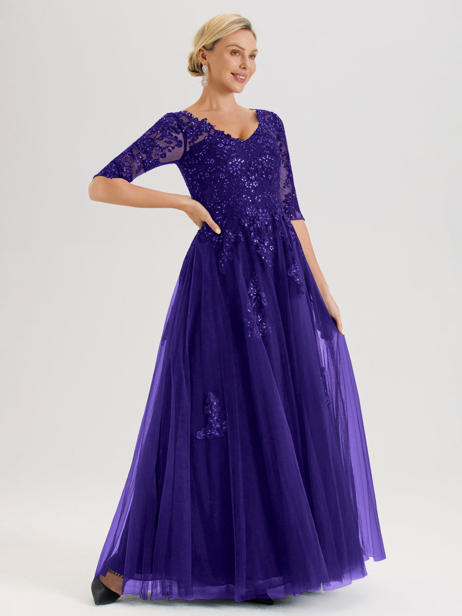 Cicinia Régence Robe De Mère De La Mariée Longue Ligne A En Tulle Mousseline Et Dentelle À Décolleté En V Et Manches Demi