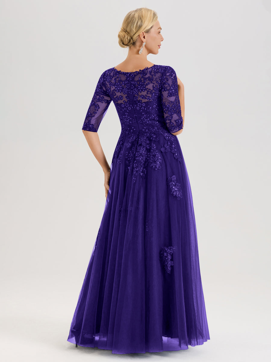 Cicinia Régence Robe De Mère De La Mariée Longue Ligne A En Tulle Mousseline Et Dentelle À Décolleté En V Et Manches Demi