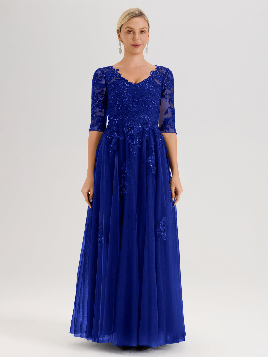Cicinia Bleu Royale Robe De Mère De La Mariée Longue Ligne A En Tulle Mousseline Et Dentelle À Décolleté En V Et Manches Demi