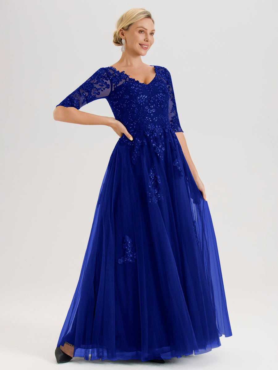 Cicinia Bleu Royale Robe De Mère De La Mariée Longue Ligne A En Tulle Mousseline Et Dentelle À Décolleté En V Et Manches Demi