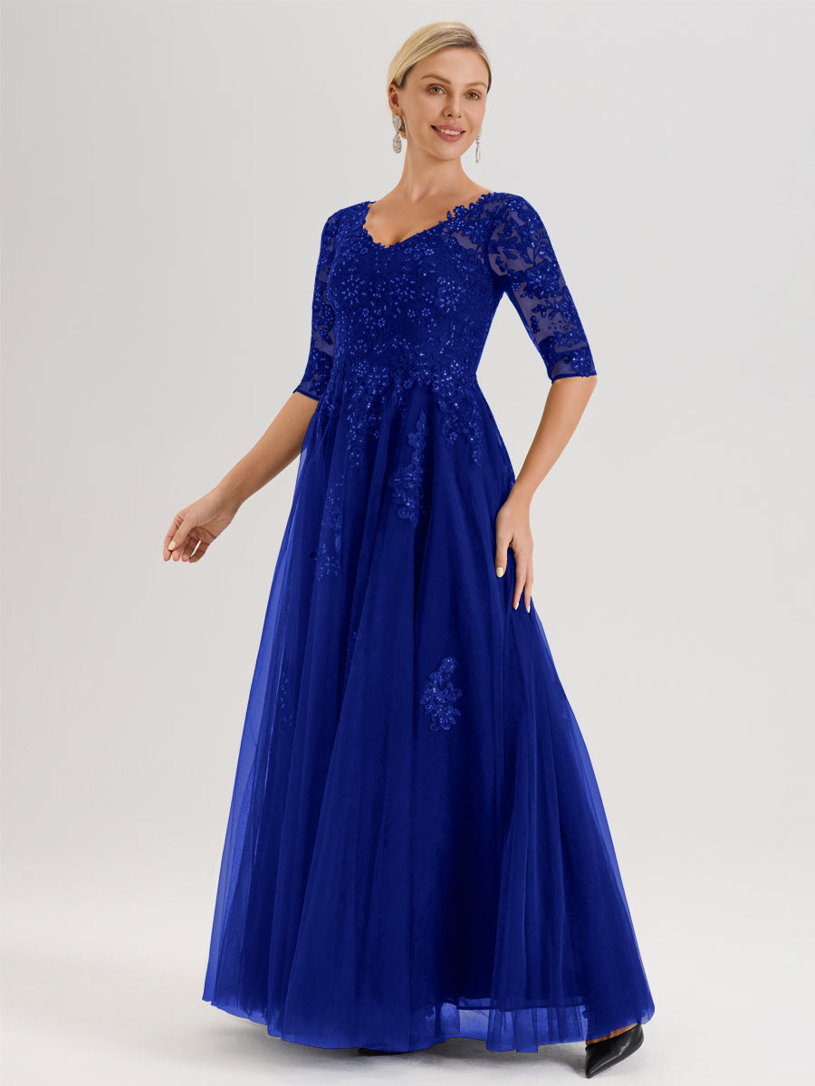 Cicinia Bleu Royale Robe De Mère De La Mariée Longue Ligne A En Tulle Mousseline Et Dentelle À Décolleté En V Et Manches Demi