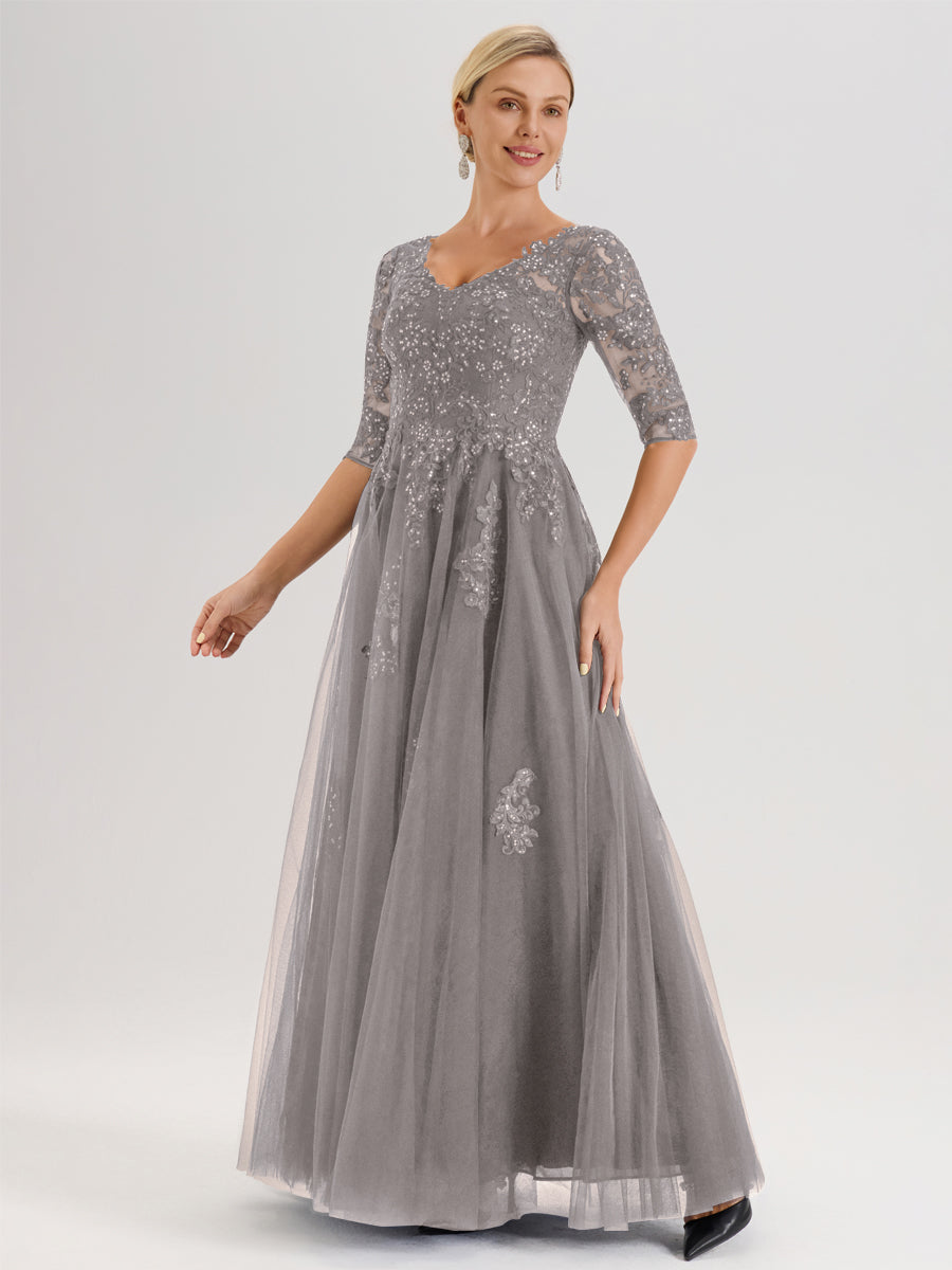 Cicinia Argent Robe De Mère De La Mariée Longue Ligne A En Tulle Mousseline Et Dentelle À Décolleté En V Et Manches Demi