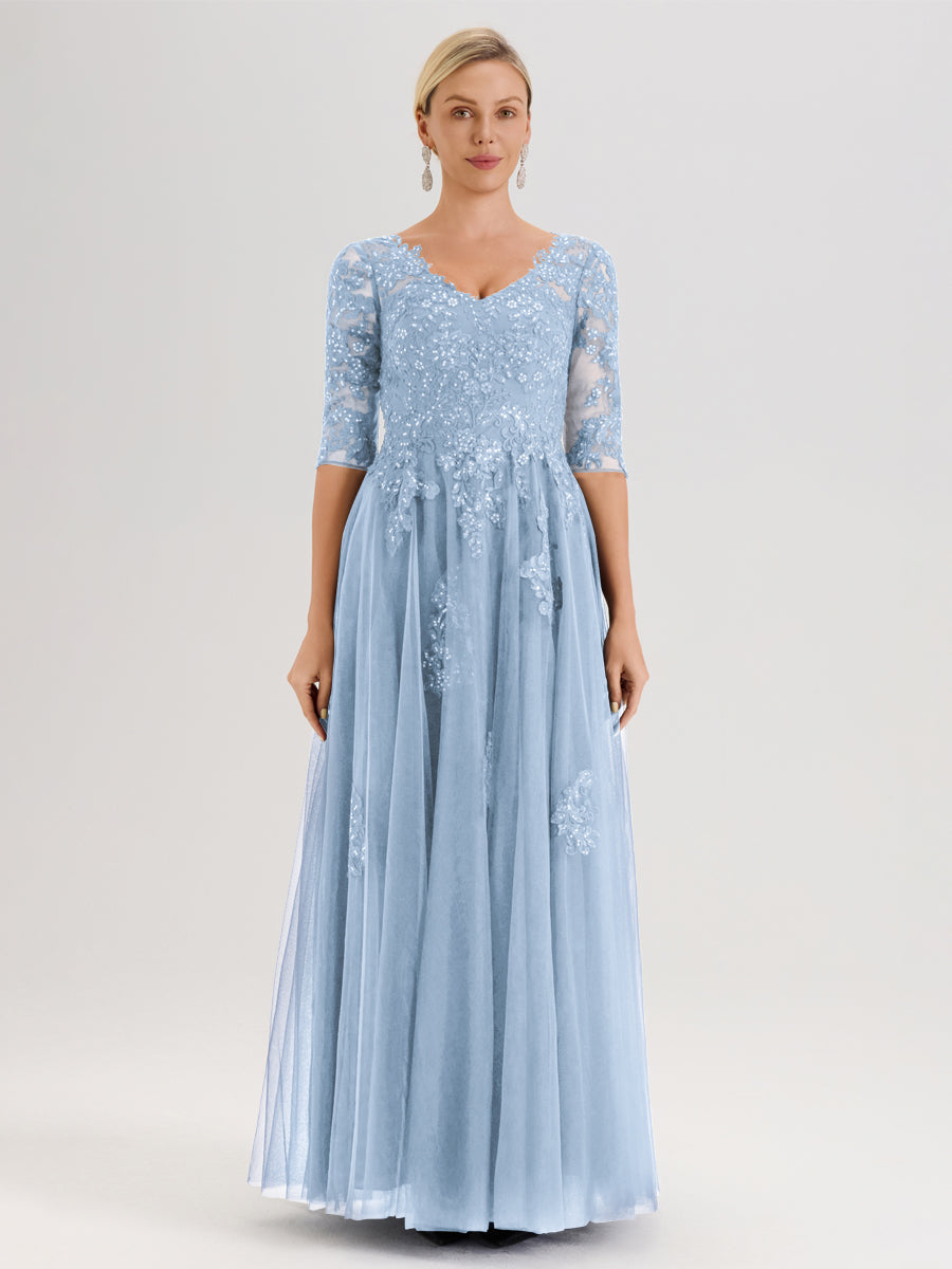 Cicinia Bleu Ciel Robe De Mère De La Mariée Longue Ligne A En Tulle Mousseline Et Dentelle À Décolleté En V Et Manches Demi