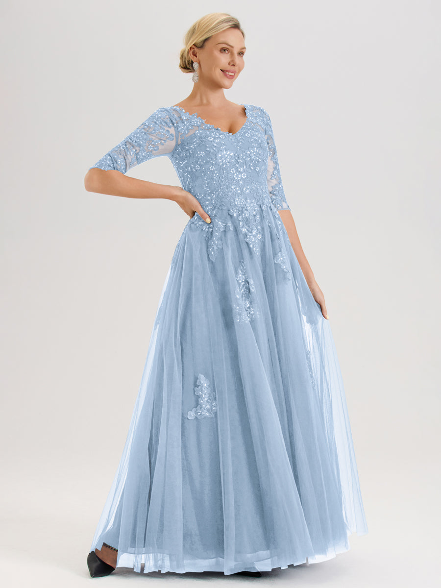 Cicinia Bleu Ciel Robe De Mère De La Mariée Longue Ligne A En Tulle Mousseline Et Dentelle À Décolleté En V Et Manches Demi