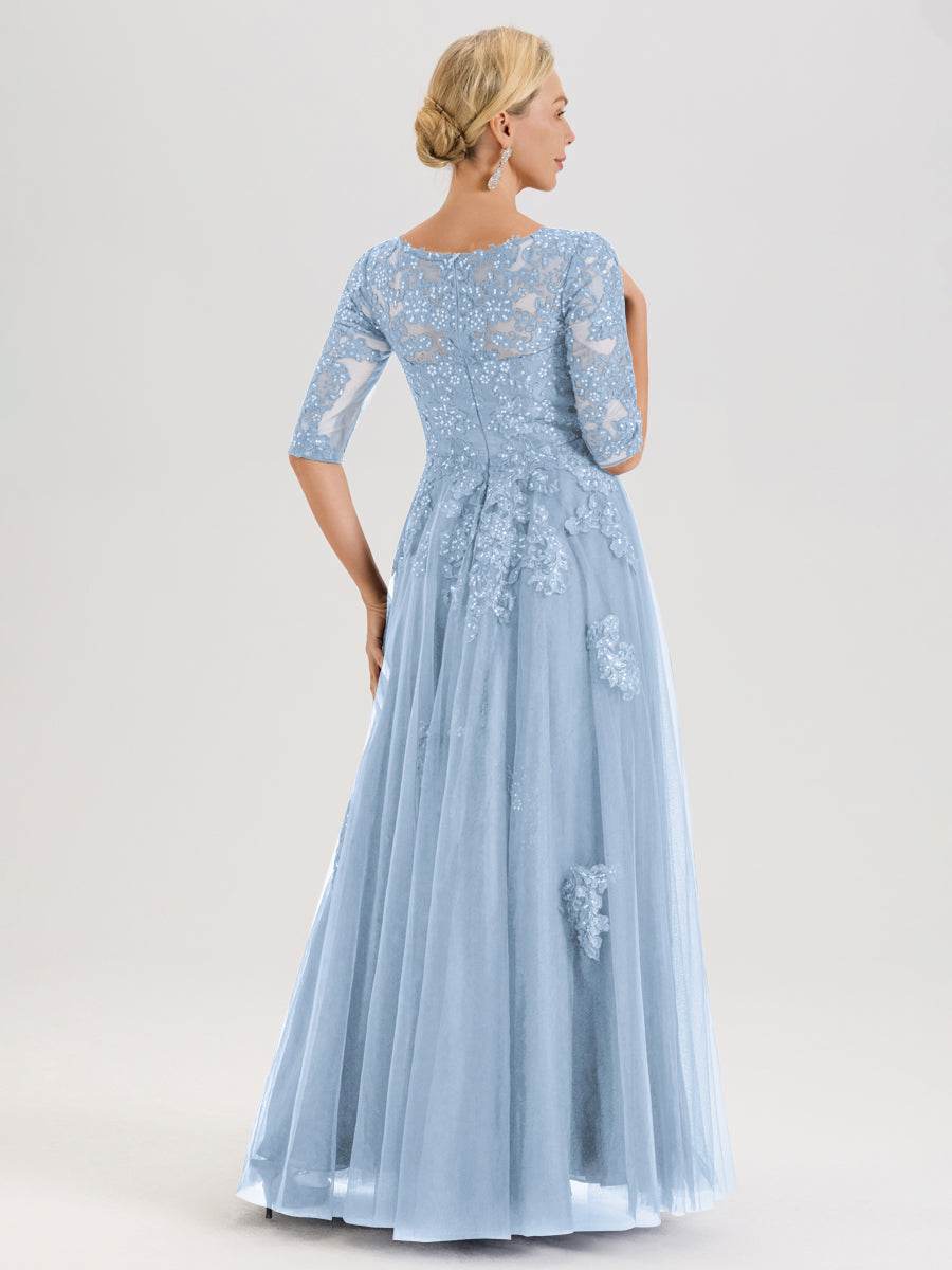 Cicinia Bleu Ciel Robe De Mère De La Mariée Longue Ligne A En Tulle Mousseline Et Dentelle À Décolleté En V Et Manches Demi