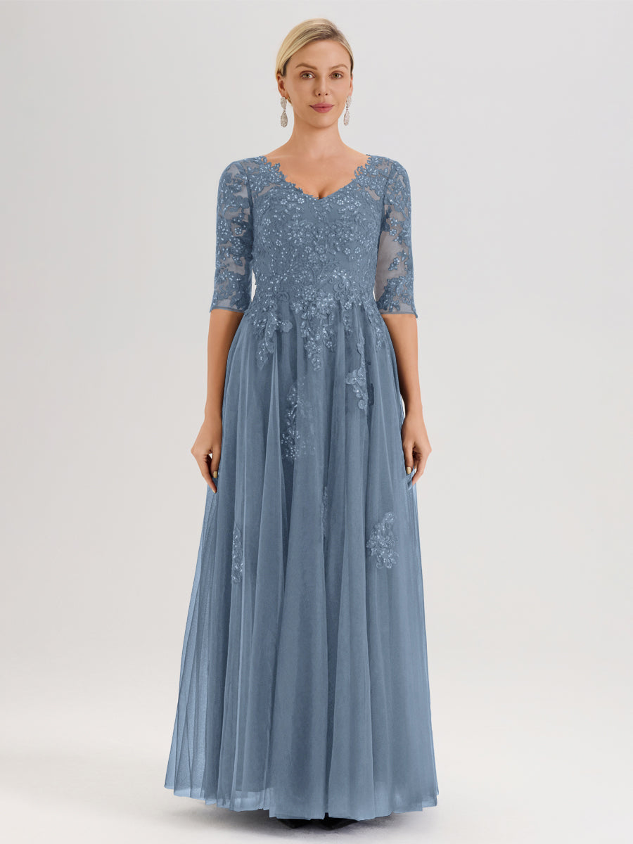 Cicinia Bleu De Schiste Robe De Mère De La Mariée Longue Ligne A En Tulle Mousseline Et Dentelle À Décolleté En V Et Manches Demi