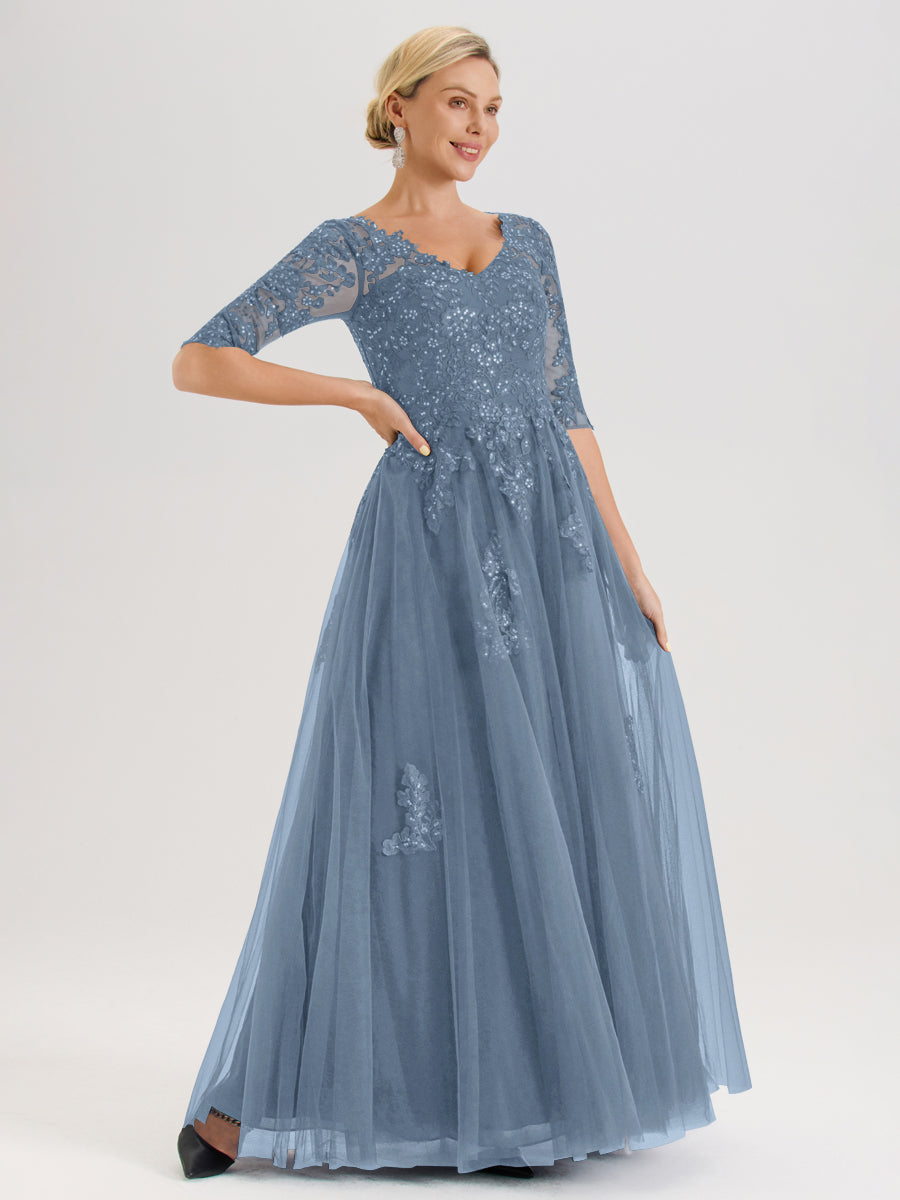 Cicinia Bleu De Schiste Robe De Mère De La Mariée Longue Ligne A En Tulle Mousseline Et Dentelle À Décolleté En V Et Manches Demi