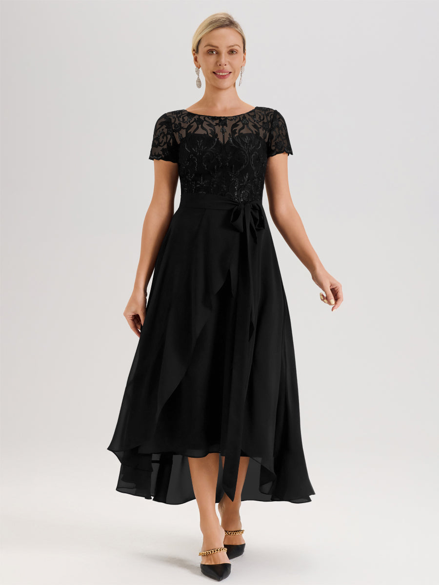 Cicinia Noir Robe De Mère De La Mariée Longue À Ourlet Asymétrique Ligne A En Dentelle Et Mousseline À Col Rond Et Manches Demi