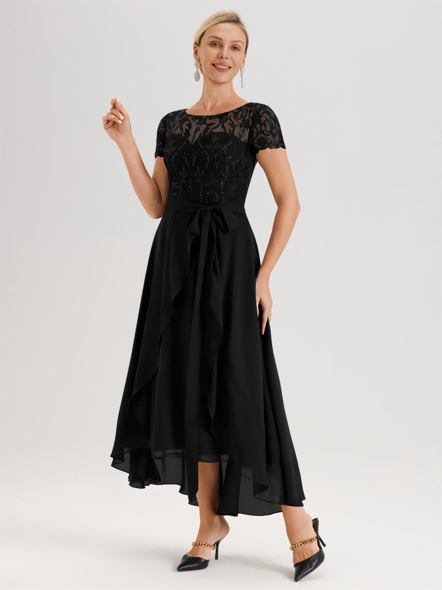 Cicinia Noir Robe De Mère De La Mariée Longue À Ourlet Asymétrique Ligne A En Dentelle Et Mousseline À Col Rond Et Manches Demi