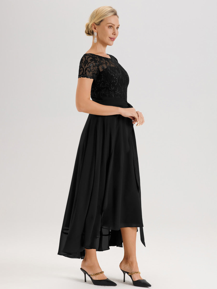 Cicinia Noir Robe De Mère De La Mariée Longue À Ourlet Asymétrique Ligne A En Dentelle Et Mousseline À Col Rond Et Manches Demi