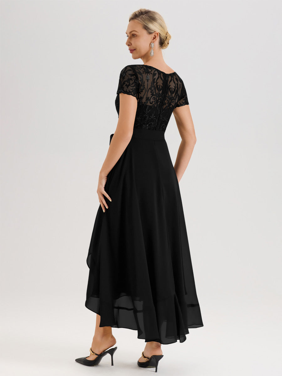 Cicinia Noir Robe De Mère De La Mariée Longue À Ourlet Asymétrique Ligne A En Dentelle Et Mousseline À Col Rond Et Manches Demi