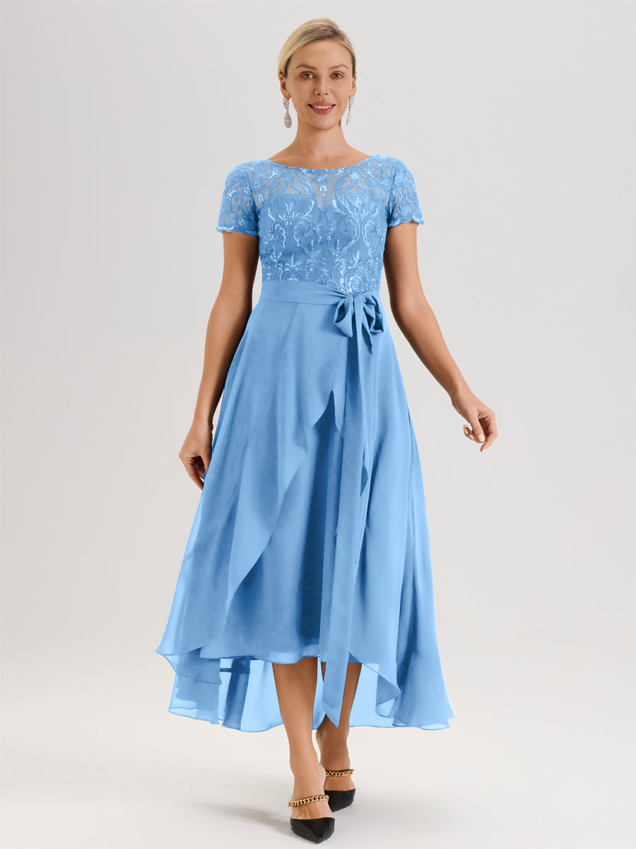 Cicinia Bleu Robe De Mère De La Mariée Longue À Ourlet Asymétrique Ligne A En Dentelle Et Mousseline À Col Rond Et Manches Demi
