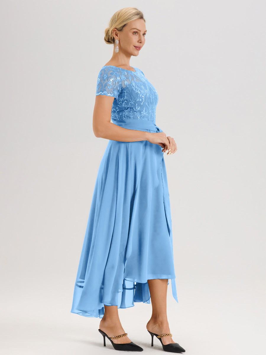 Cicinia Bleu Robe De Mère De La Mariée Longue À Ourlet Asymétrique Ligne A En Dentelle Et Mousseline À Col Rond Et Manches Demi