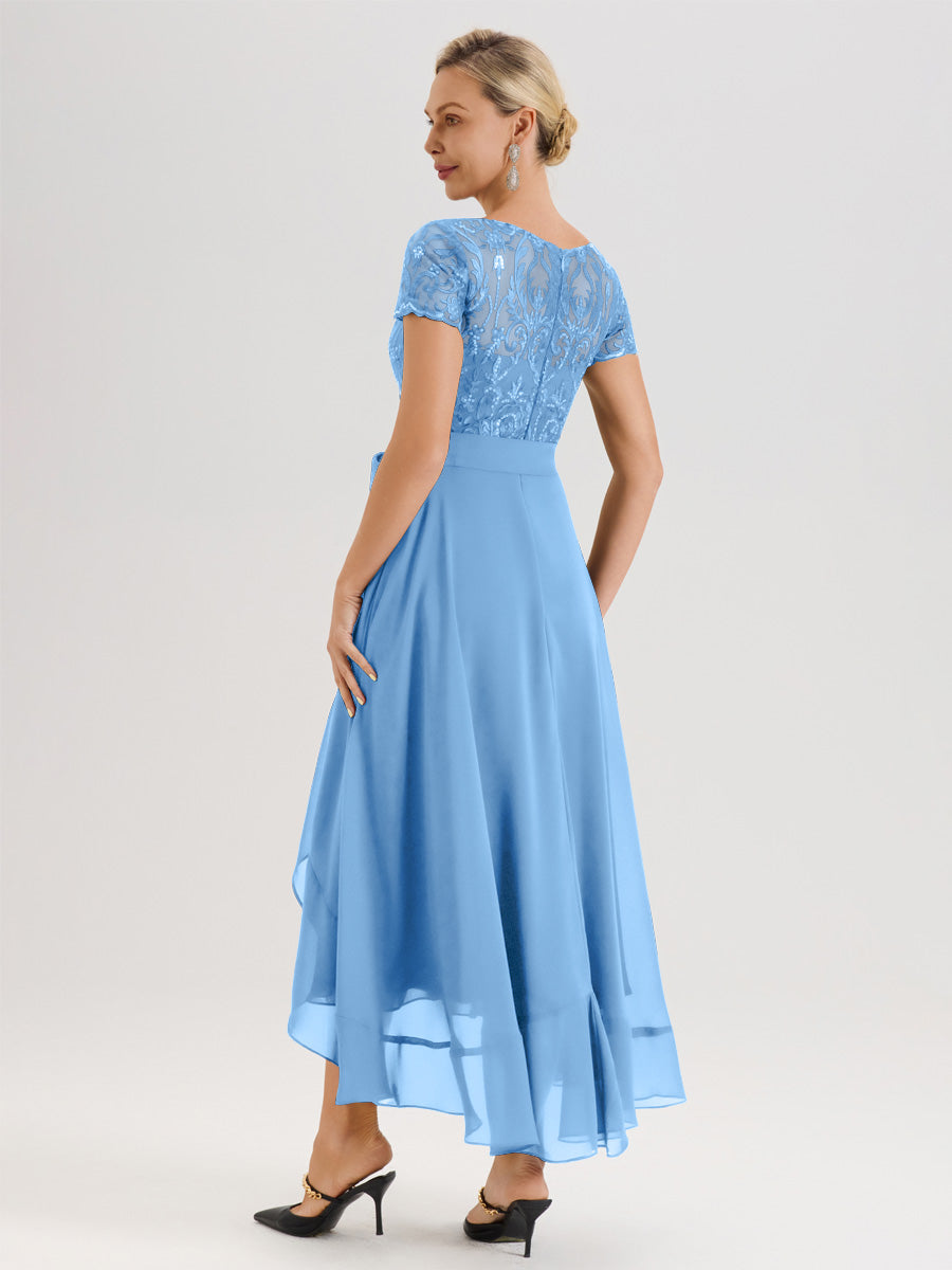 Cicinia Bleu Robe De Mère De La Mariée Longue À Ourlet Asymétrique Ligne A En Dentelle Et Mousseline À Col Rond Et Manches Demi