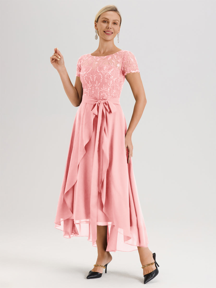Cicinia Rose Robe De Mère De La Mariée Longue À Ourlet Asymétrique Ligne A En Dentelle Et Mousseline À Col Rond Et Manches Demi
