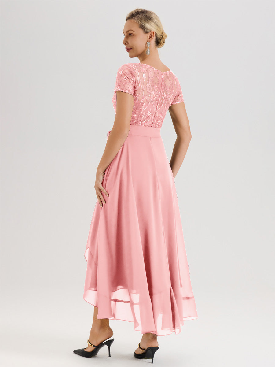 Cicinia Rose Robe De Mère De La Mariée Longue À Ourlet Asymétrique Ligne A En Dentelle Et Mousseline À Col Rond Et Manches Demi