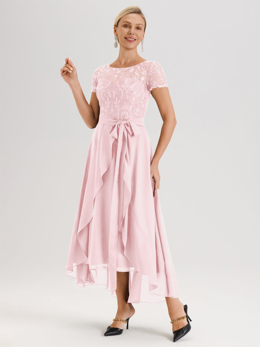 Cicinia Rose Pâle Robe De Mère De La Mariée Longue À Ourlet Asymétrique Ligne A En Dentelle Et Mousseline À Col Rond Et Manches Demi