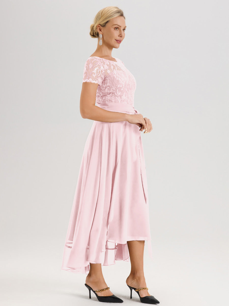 Cicinia Rose Pâle Robe De Mère De La Mariée Longue À Ourlet Asymétrique Ligne A En Dentelle Et Mousseline À Col Rond Et Manches Demi