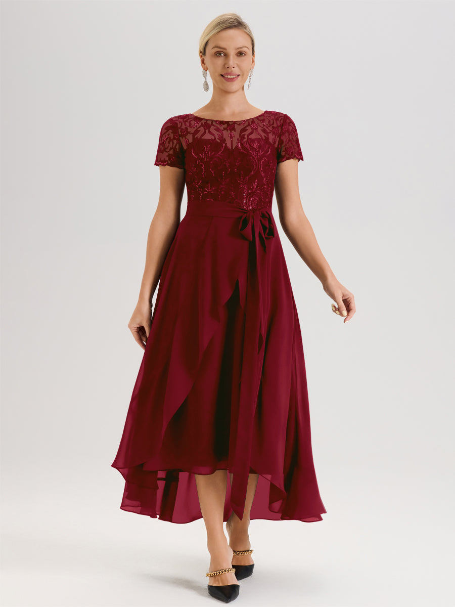 Cicinia Bordeaux Robe De Mère De La Mariée Longue À Ourlet Asymétrique Ligne A En Dentelle Et Mousseline À Col Rond Et Manches Demi