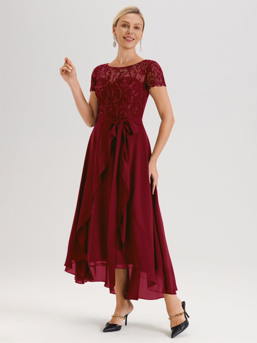 Cicinia Bordeaux Robe De Mère De La Mariée Longue À Ourlet Asymétrique Ligne A En Dentelle Et Mousseline À Col Rond Et Manches Demi
