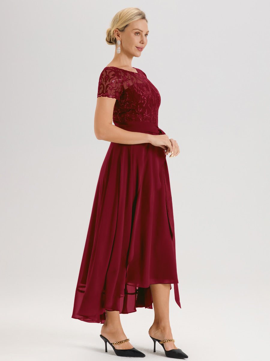 Cicinia Bordeaux Robe De Mère De La Mariée Longue À Ourlet Asymétrique Ligne A En Dentelle Et Mousseline À Col Rond Et Manches Demi