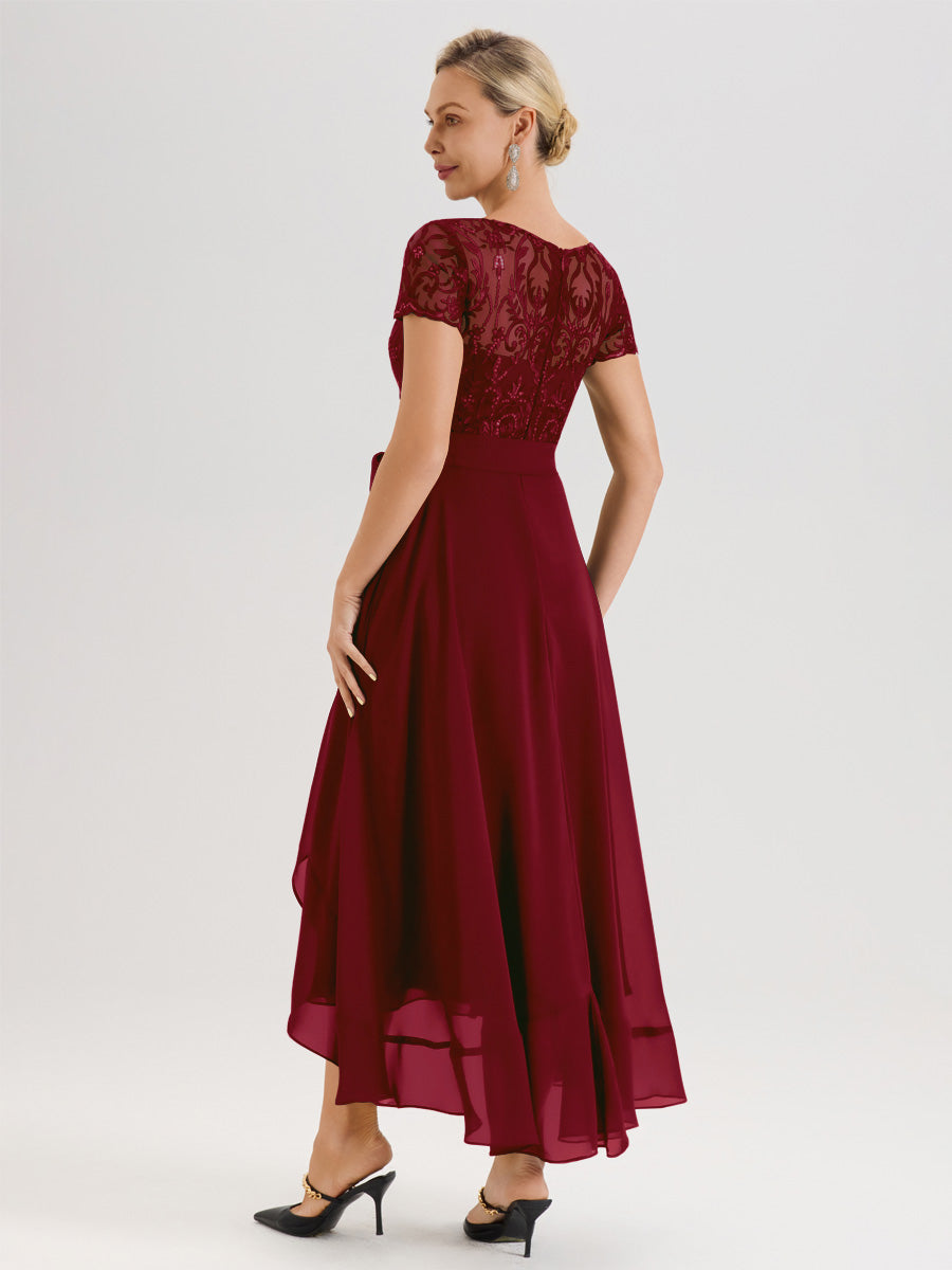 Cicinia Bordeaux Robe De Mère De La Mariée Longue À Ourlet Asymétrique Ligne A En Dentelle Et Mousseline À Col Rond Et Manches Demi