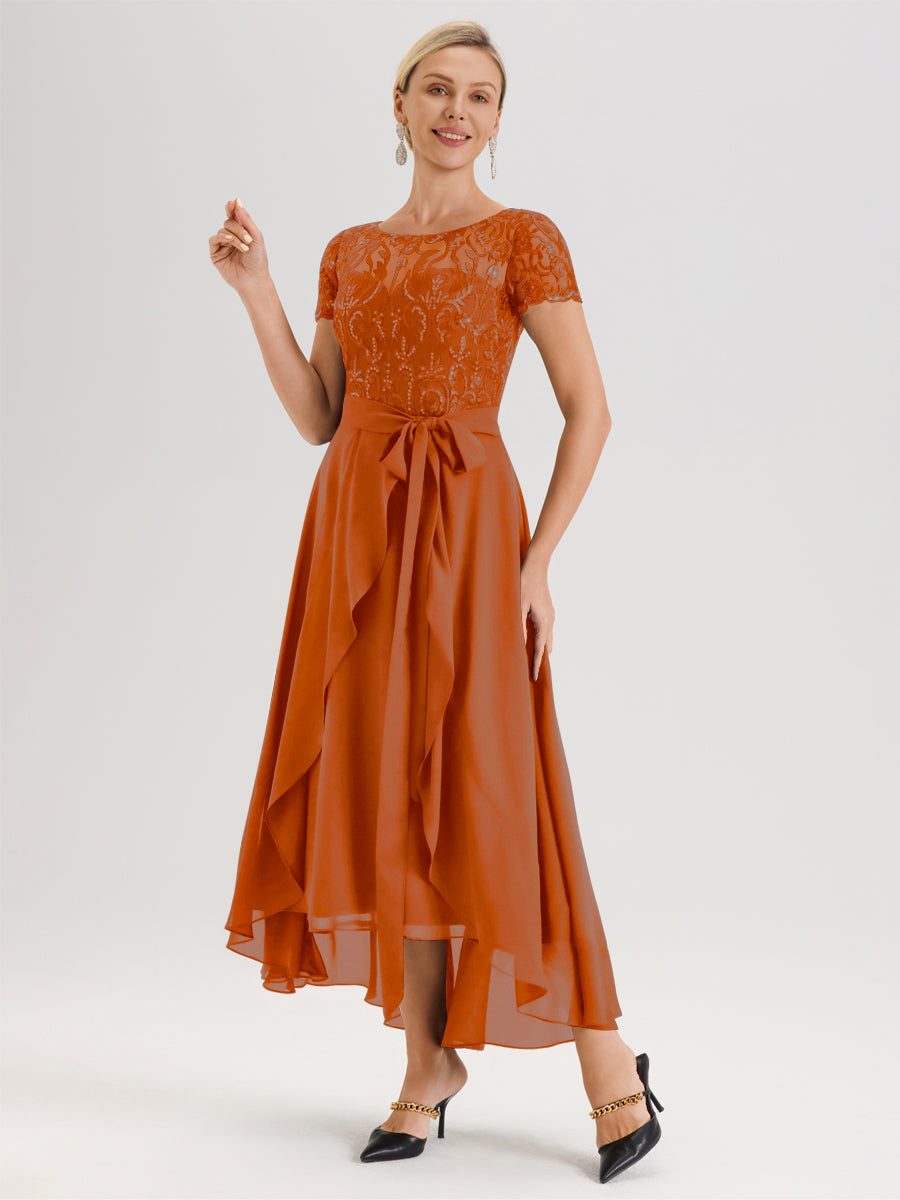 Cicinia Orange Brûlé Robe De Mère De La Mariée Longue À Ourlet Asymétrique Ligne A En Dentelle Et Mousseline À Col Rond Et Manches Demi