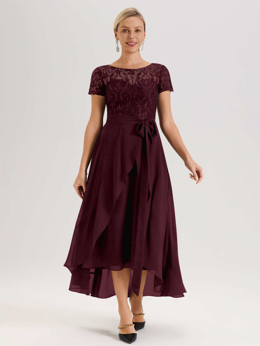 Cicinia Cabernet Robe De Mère De La Mariée Longue À Ourlet Asymétrique Ligne A En Dentelle Et Mousseline À Col Rond Et Manches Demi