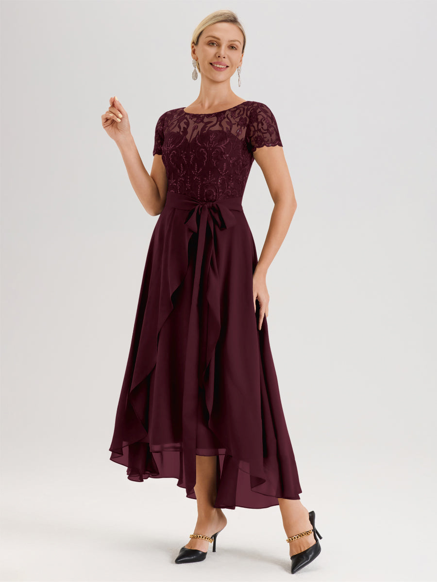 Cicinia Cabernet Robe De Mère De La Mariée Longue À Ourlet Asymétrique Ligne A En Dentelle Et Mousseline À Col Rond Et Manches Demi