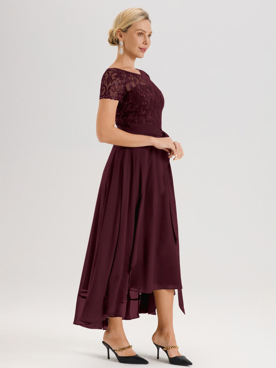 Cicinia Cabernet Robe De Mère De La Mariée Longue À Ourlet Asymétrique Ligne A En Dentelle Et Mousseline À Col Rond Et Manches Demi