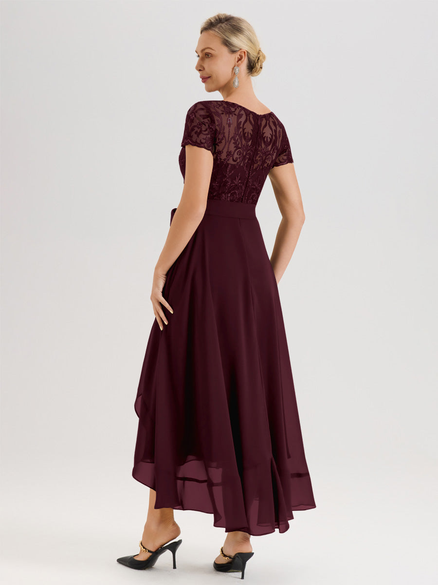 Cicinia Cabernet Robe De Mère De La Mariée Longue À Ourlet Asymétrique Ligne A En Dentelle Et Mousseline À Col Rond Et Manches Demi