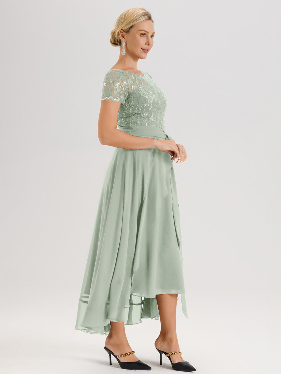 Cicinia Celadon Robe De Mère De La Mariée Longue À Ourlet Asymétrique Ligne A En Dentelle Et Mousseline À Col Rond Et Manches Demi