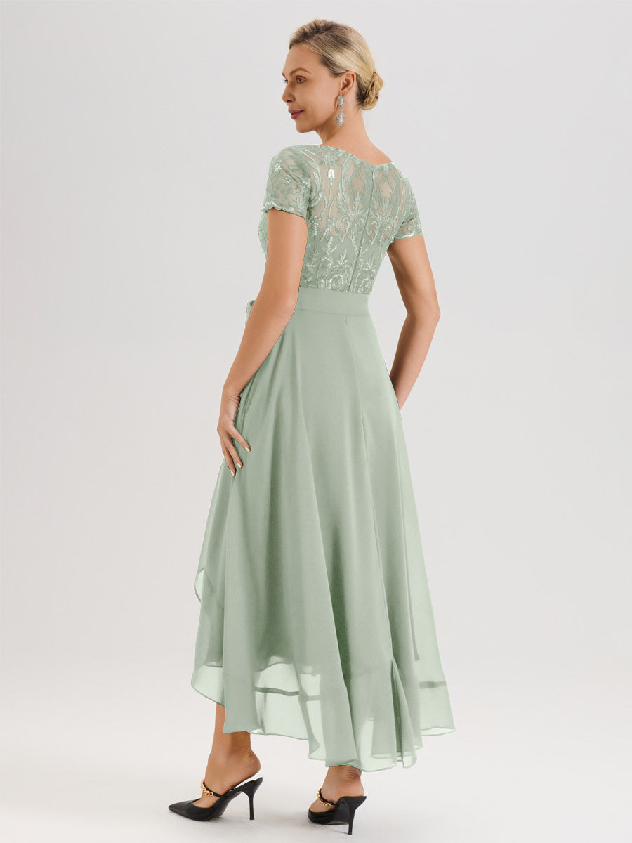 Cicinia Celadon Robe De Mère De La Mariée Longue À Ourlet Asymétrique Ligne A En Dentelle Et Mousseline À Col Rond Et Manches Demi