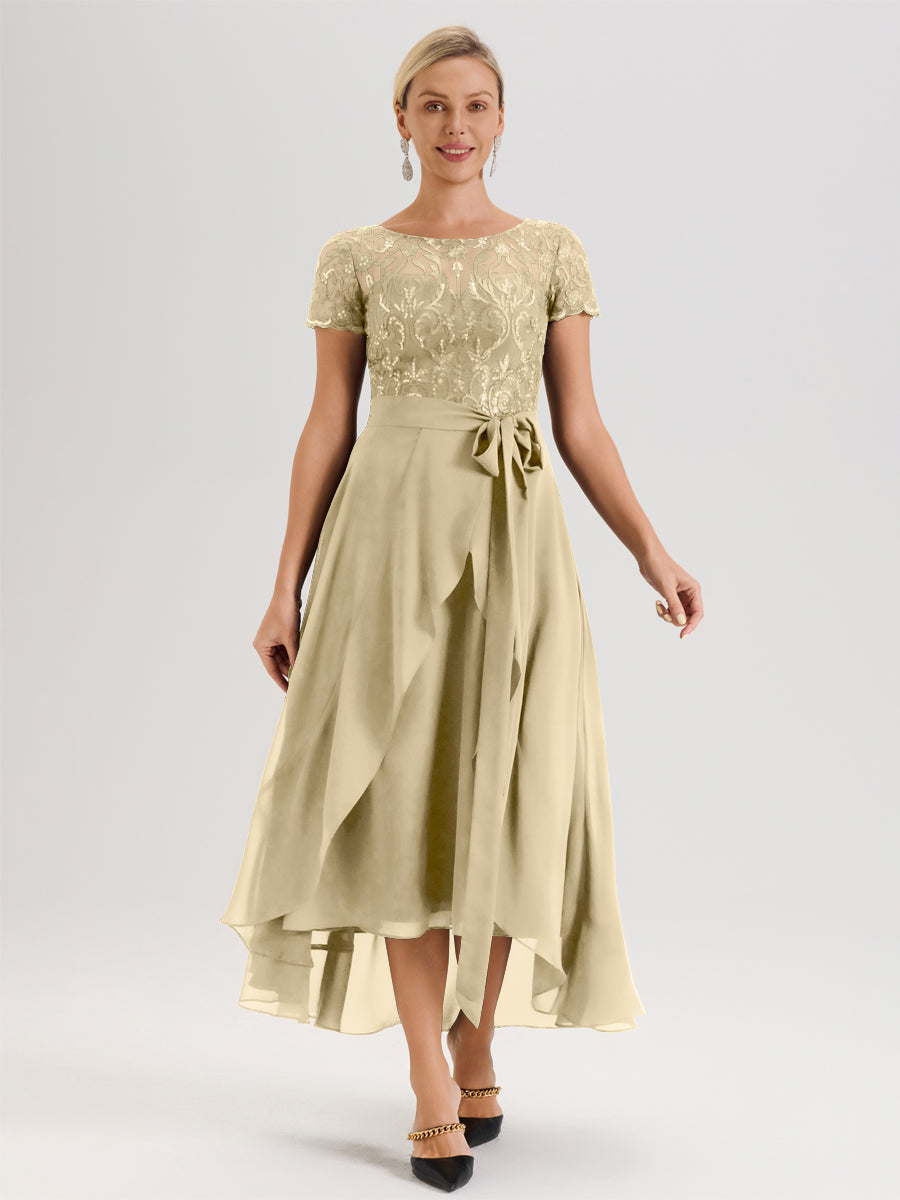 Cicinia Champagne Robe De Mère De La Mariée Longue À Ourlet Asymétrique Ligne A En Dentelle Et Mousseline À Col Rond Et Manches Demi