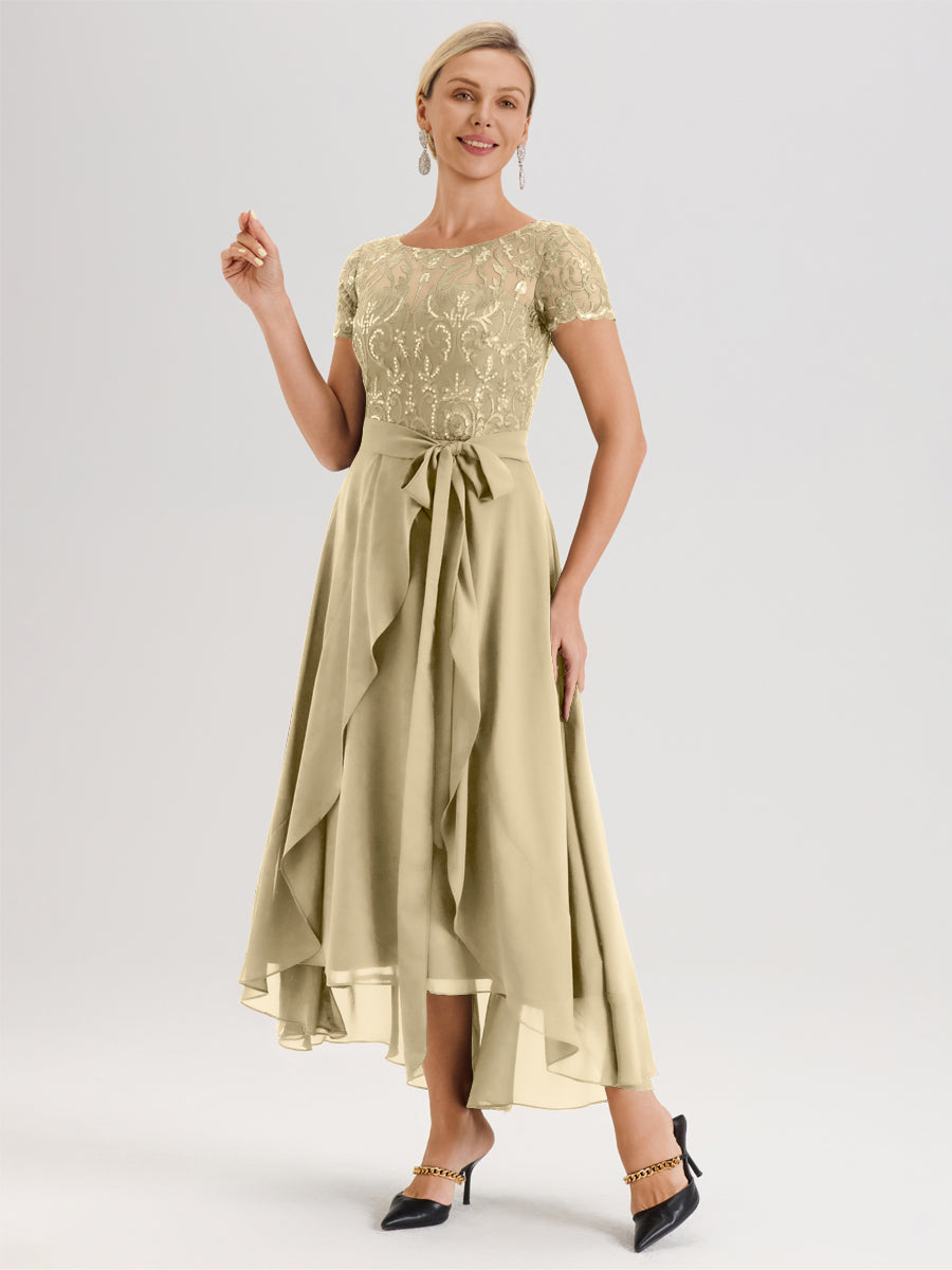 Cicinia Champagne Robe De Mère De La Mariée Longue À Ourlet Asymétrique Ligne A En Dentelle Et Mousseline À Col Rond Et Manches Demi