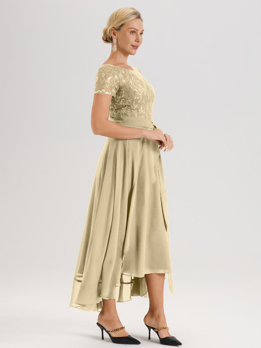 Cicinia Champagne Robe De Mère De La Mariée Longue À Ourlet Asymétrique Ligne A En Dentelle Et Mousseline À Col Rond Et Manches Demi