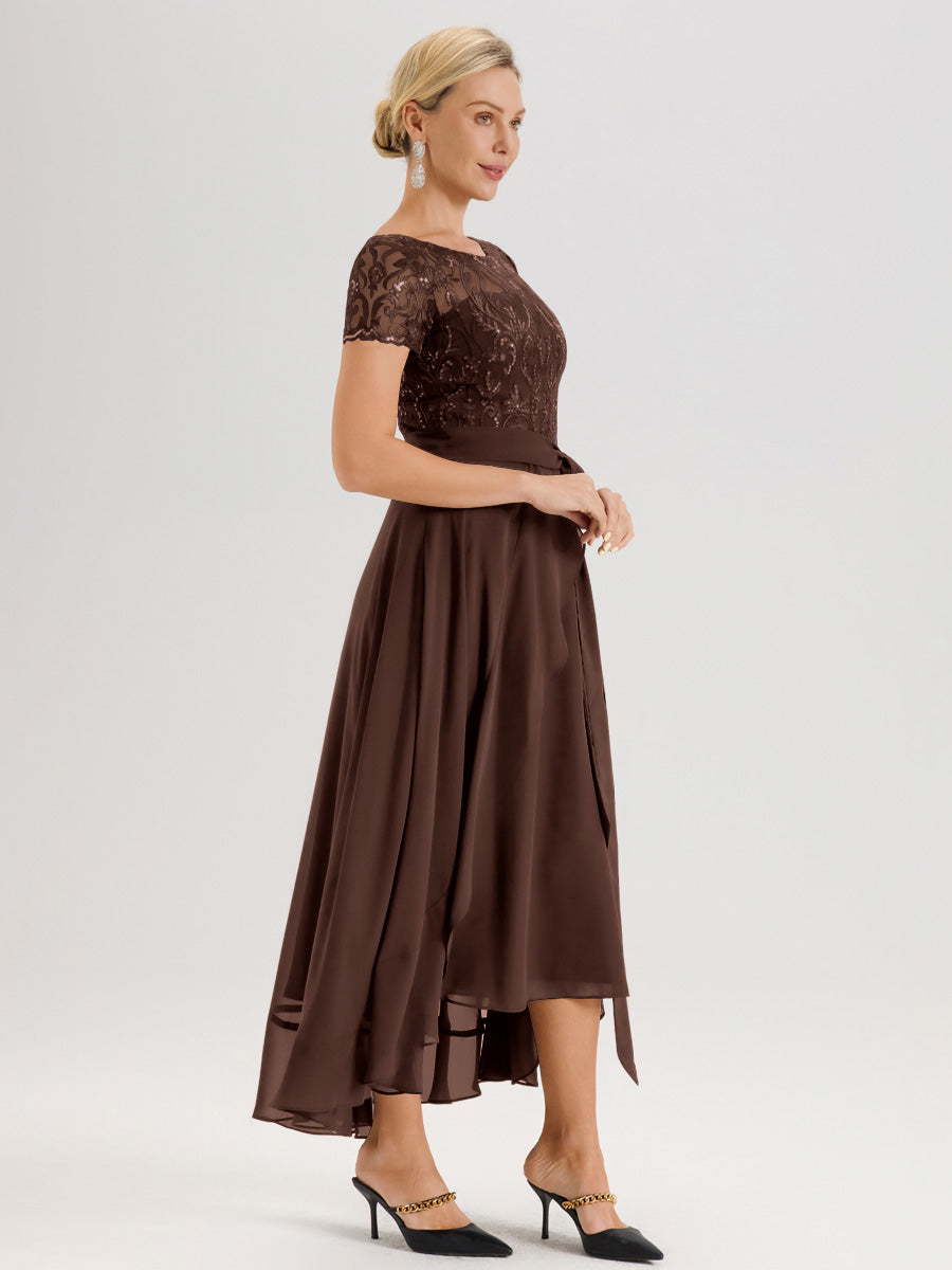 Cicinia Chocolat Robe De Mère De La Mariée Longue À Ourlet Asymétrique Ligne A En Dentelle Et Mousseline À Col Rond Et Manches Demi